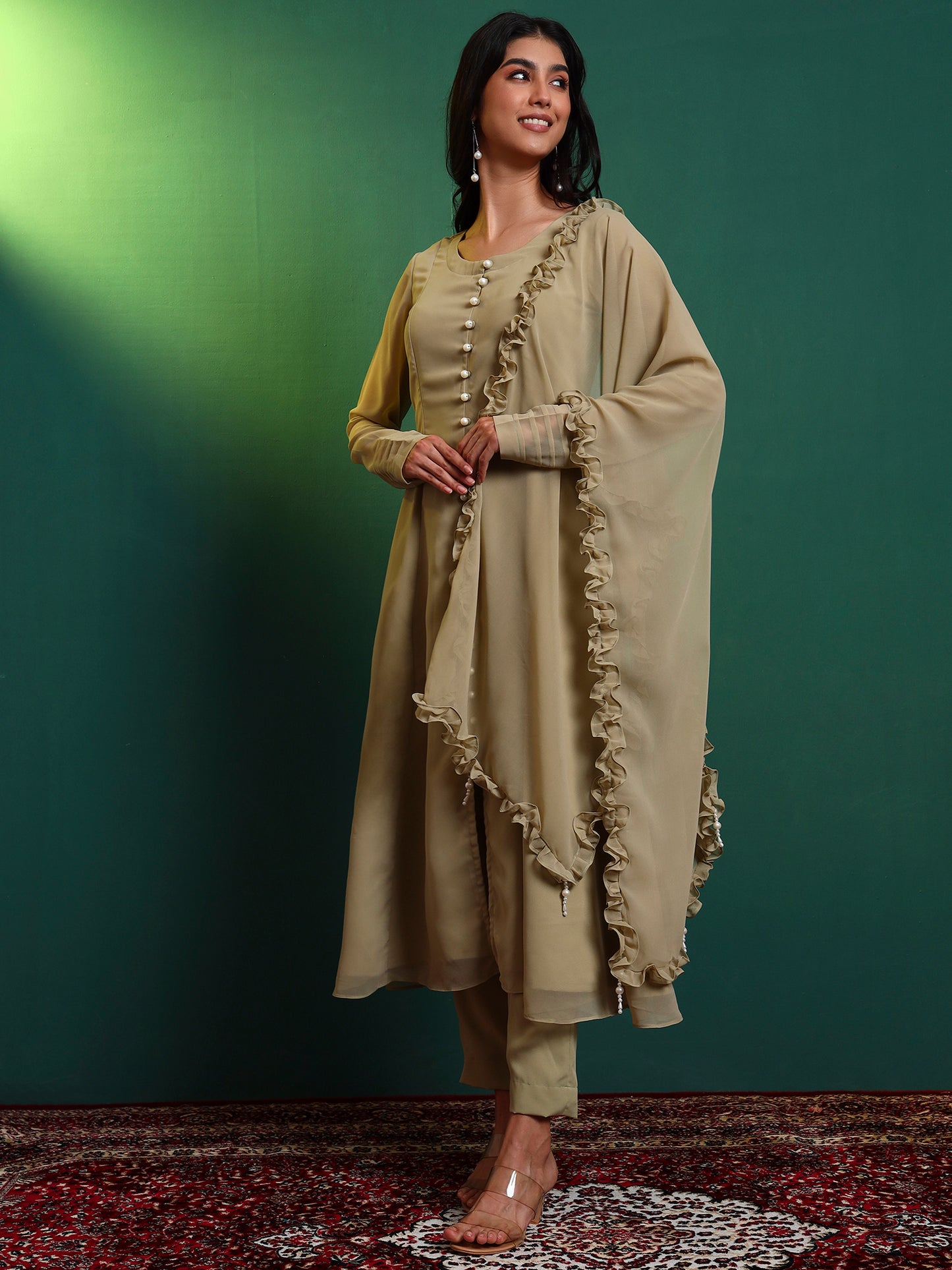 Tea Green Anarkali Kurta set with Ruffle Dupatta