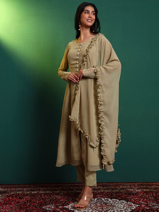 Tea Green Anarkali Kurta set with Ruffle Dupatta