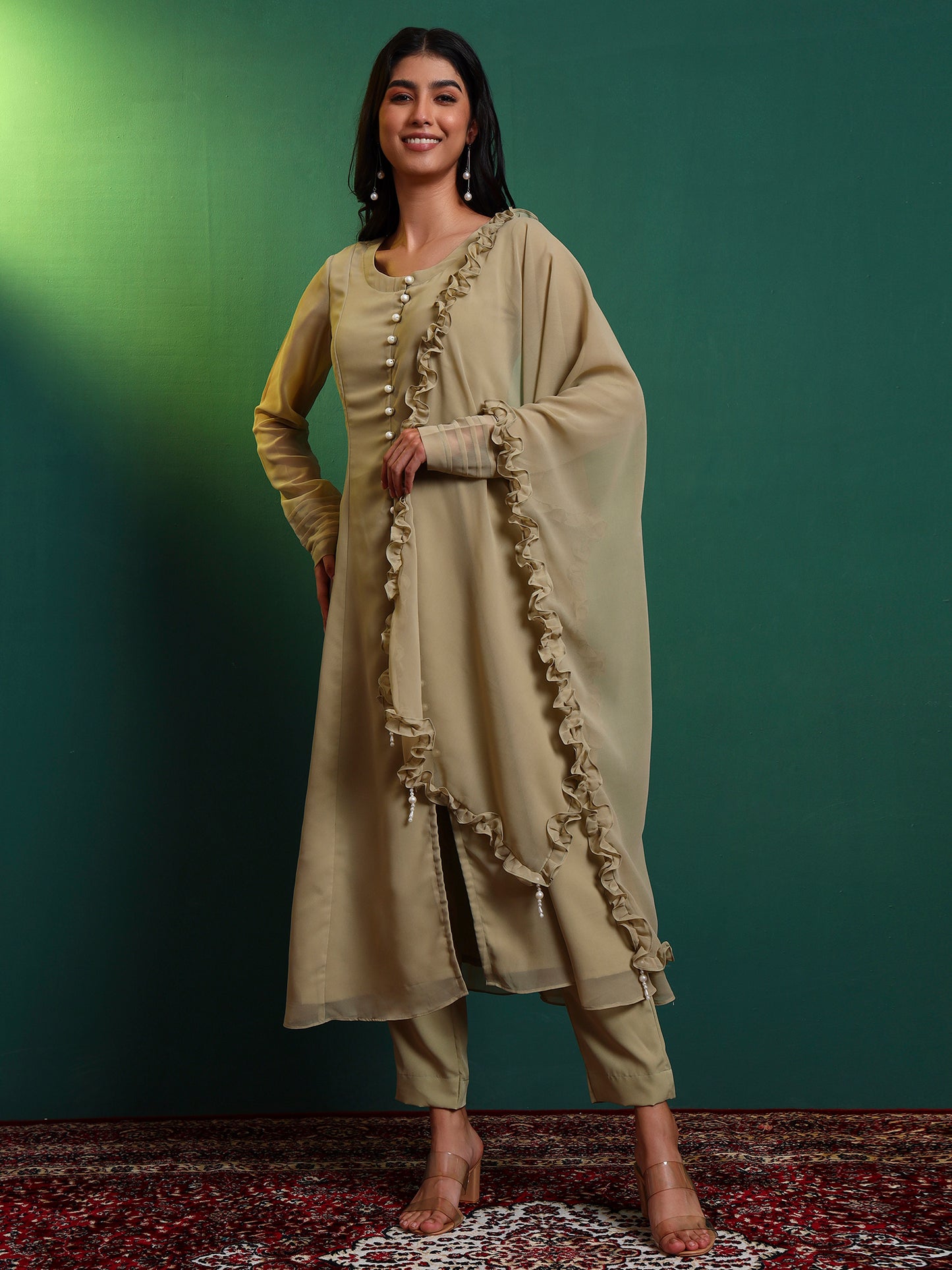 Tea Green Anarkali Kurta set with Ruffle Dupatta