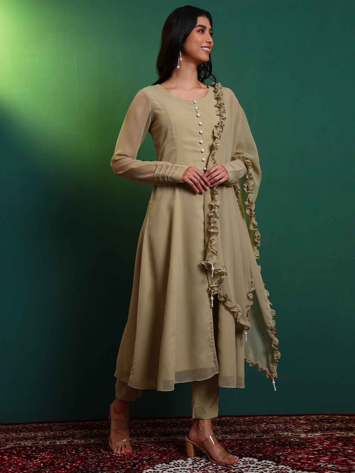 Tea Green Anarkali Kurta set with Ruffle Dupatta