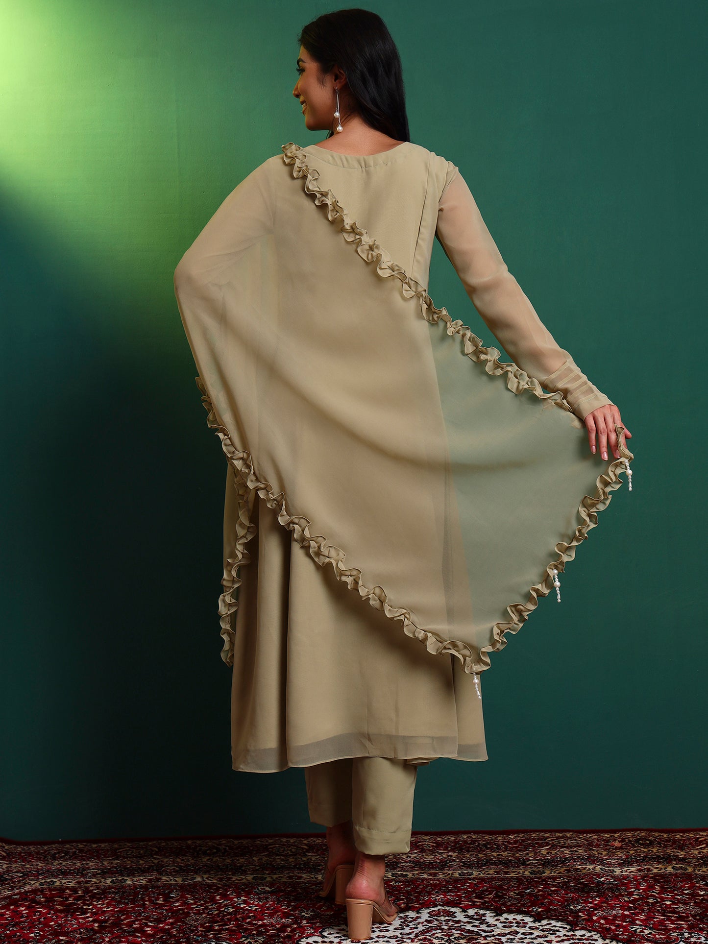 Tea Green Anarkali Kurta set with Ruffle Dupatta