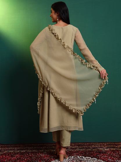 Tea Green Anarkali Kurta set with Ruffle Dupatta