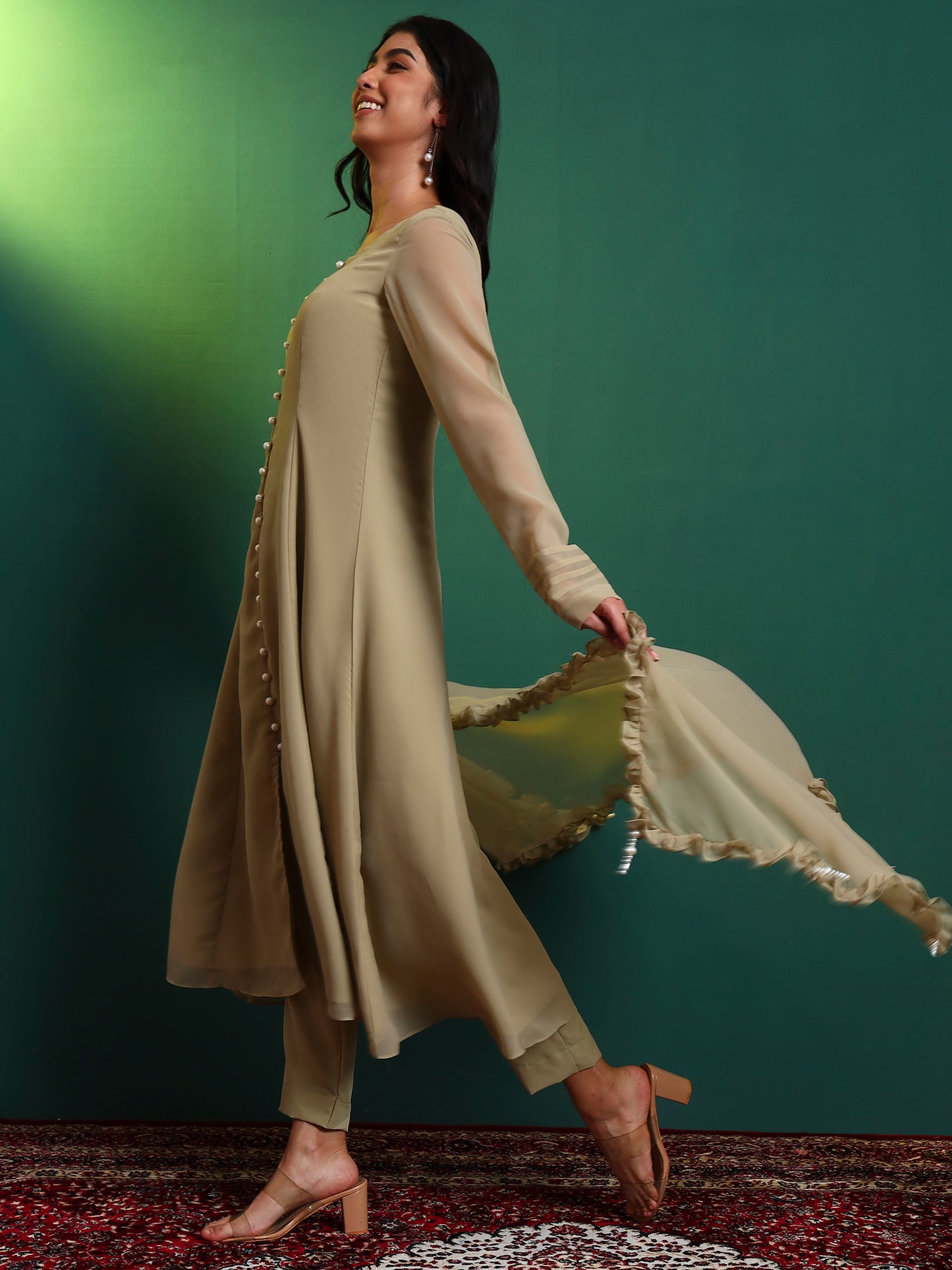 Tea Green Anarkali Kurta set with Ruffle Dupatta