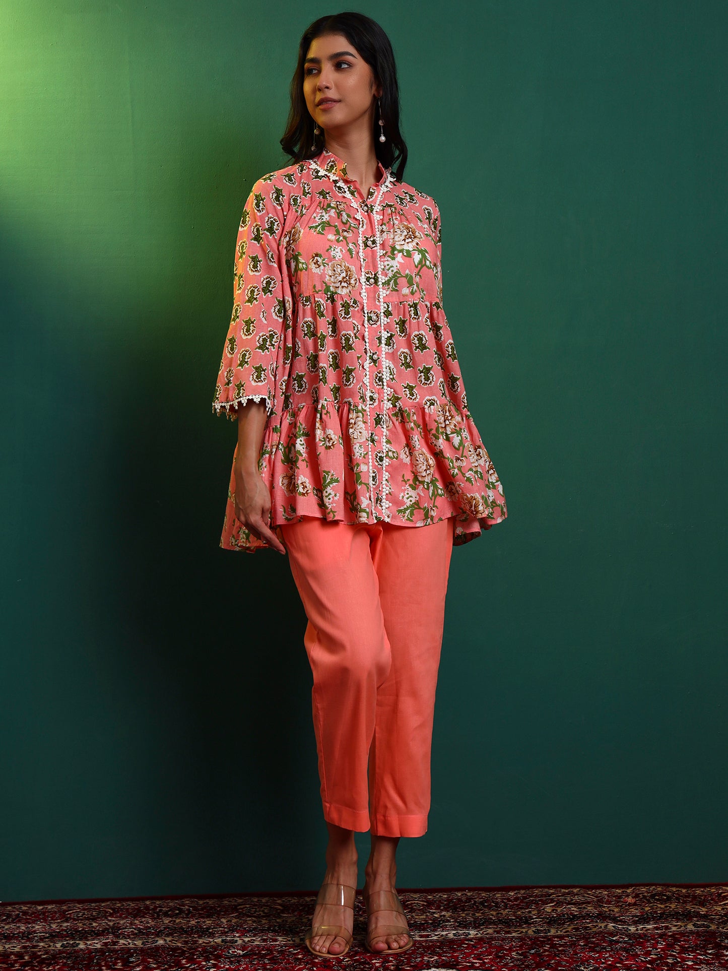 Peach Cotton Laced Tiered Kurta with Pants