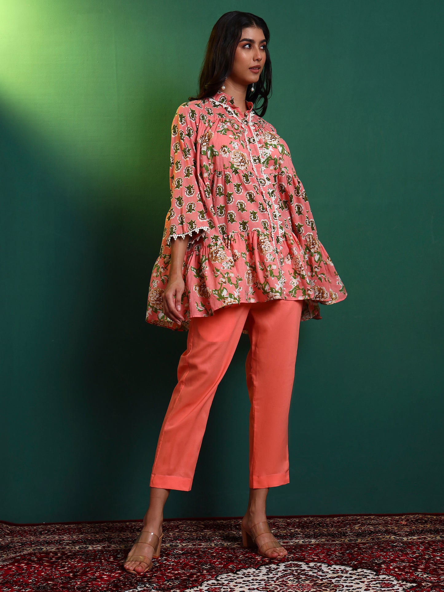 Peach Cotton Laced Tiered Kurta with Pants