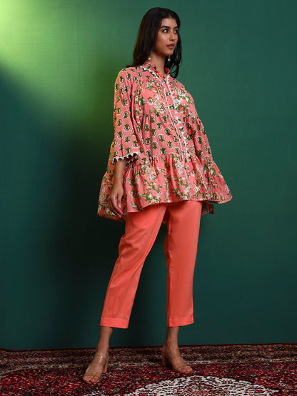 Peach Cotton Laced Tiered Kurta with Pants
