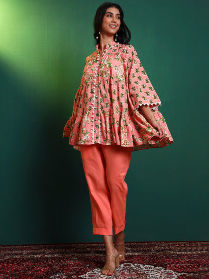 Peach Cotton Laced Tiered Kurta with Pants