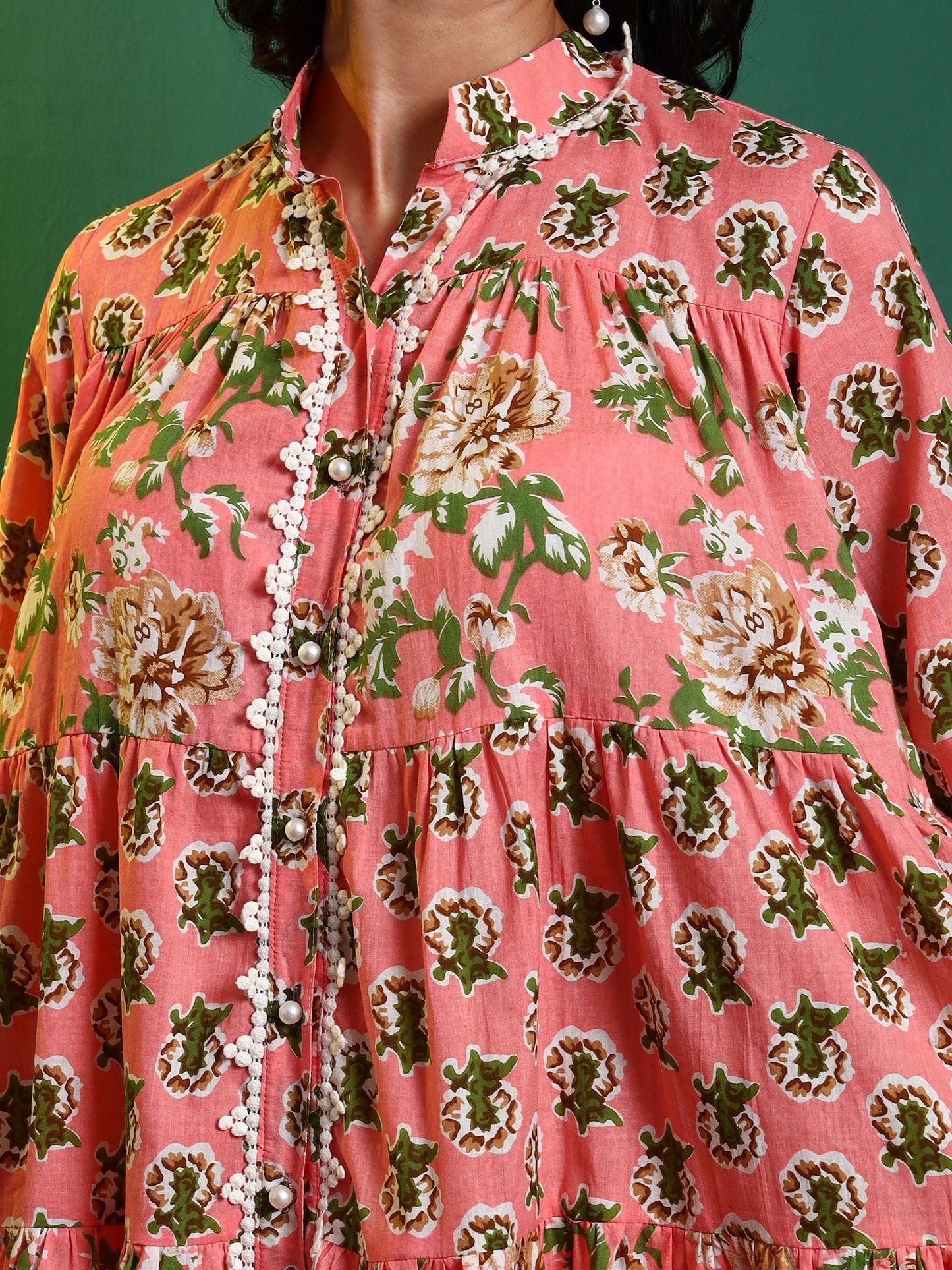 Peach Cotton Laced Tiered Kurta with Pants