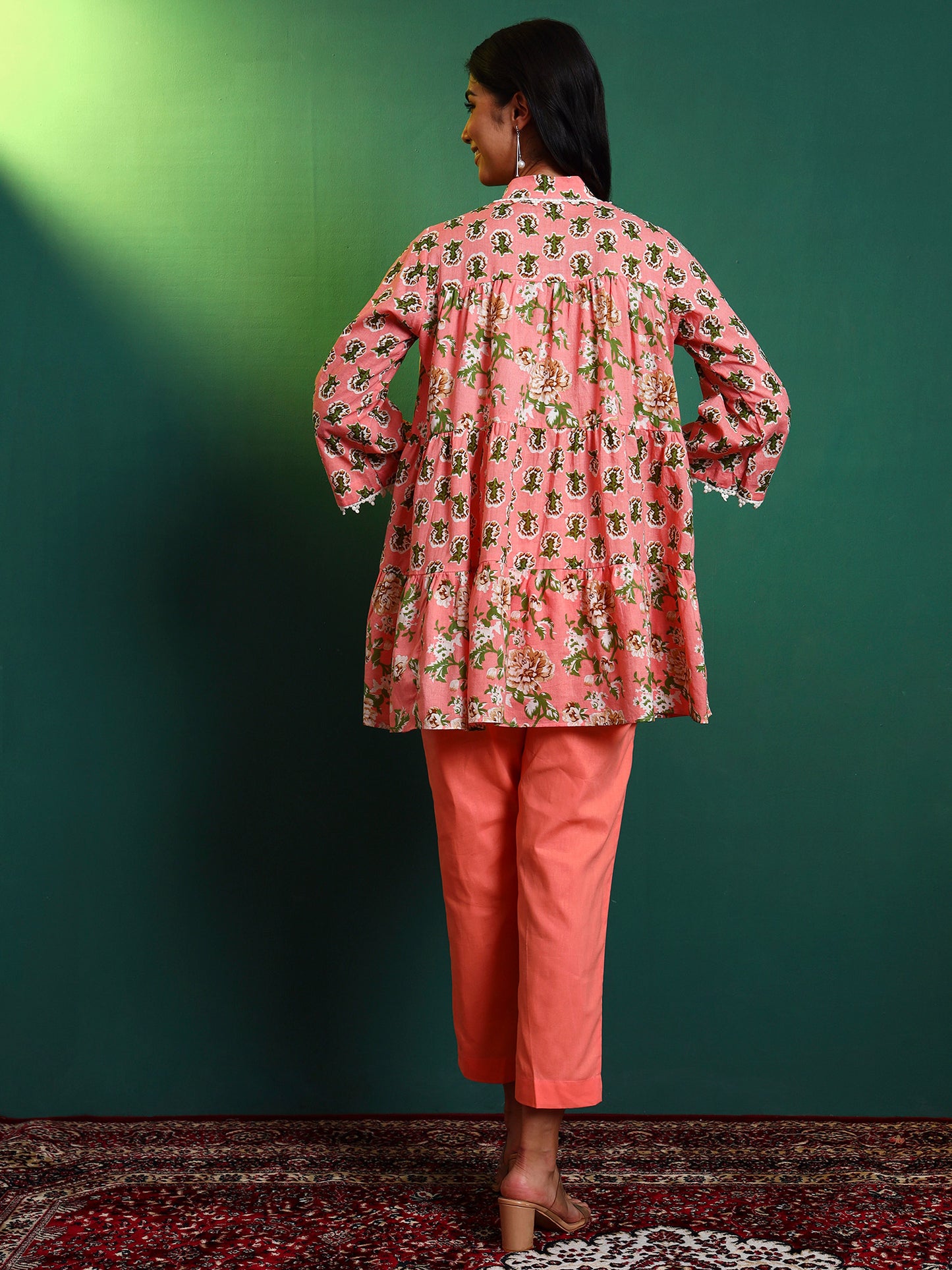 Peach Cotton Laced Tiered Kurta with Pants