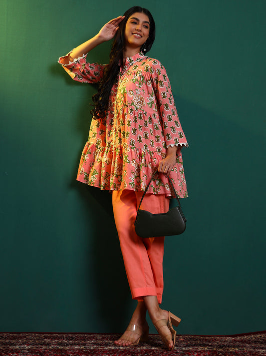 Peach Cotton Laced Tiered Kurta with Pants
