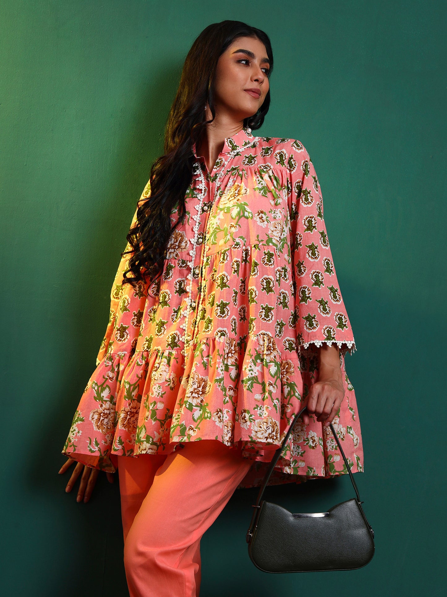 Peach Cotton Laced Tiered Kurta with Pants