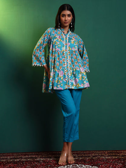 Blue Cotton Laced Tiered Kurta with Pants