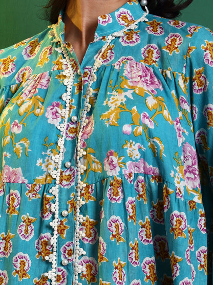 Blue Cotton Laced Tiered Kurta with Pants