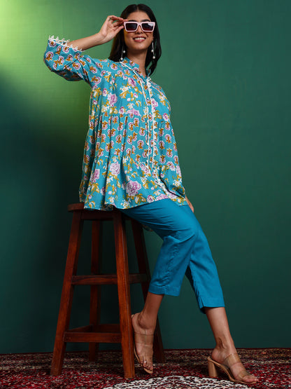 Blue Cotton Laced Tiered Kurta with Pants