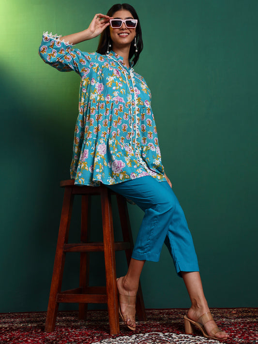 Blue Cotton Laced Tiered Kurta with Pants