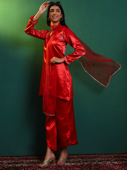 Red Embellished Kurta and Asymmetric Palazzo set