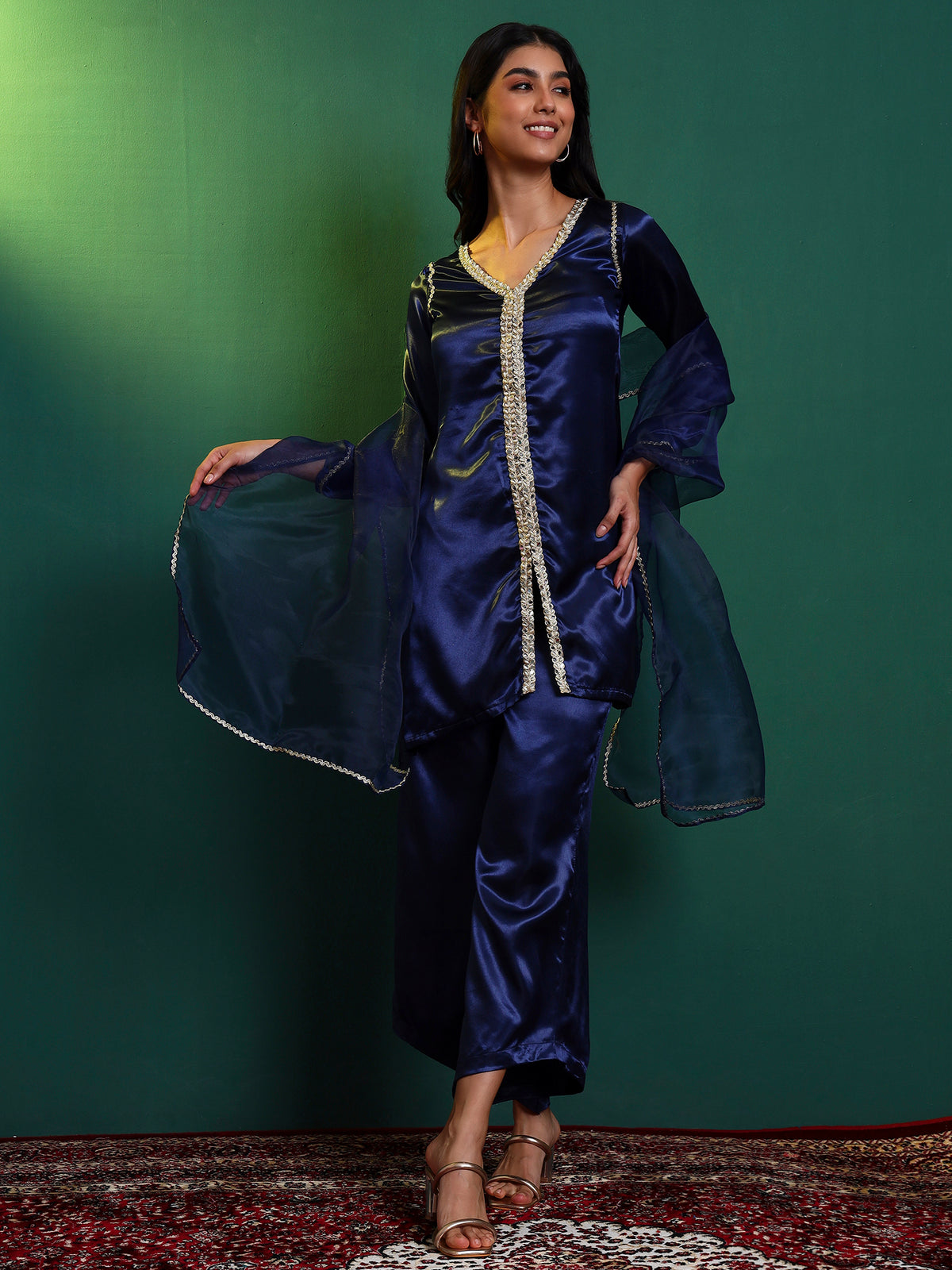 Blue Embellished Kurta and Asymmetric Palazzo set