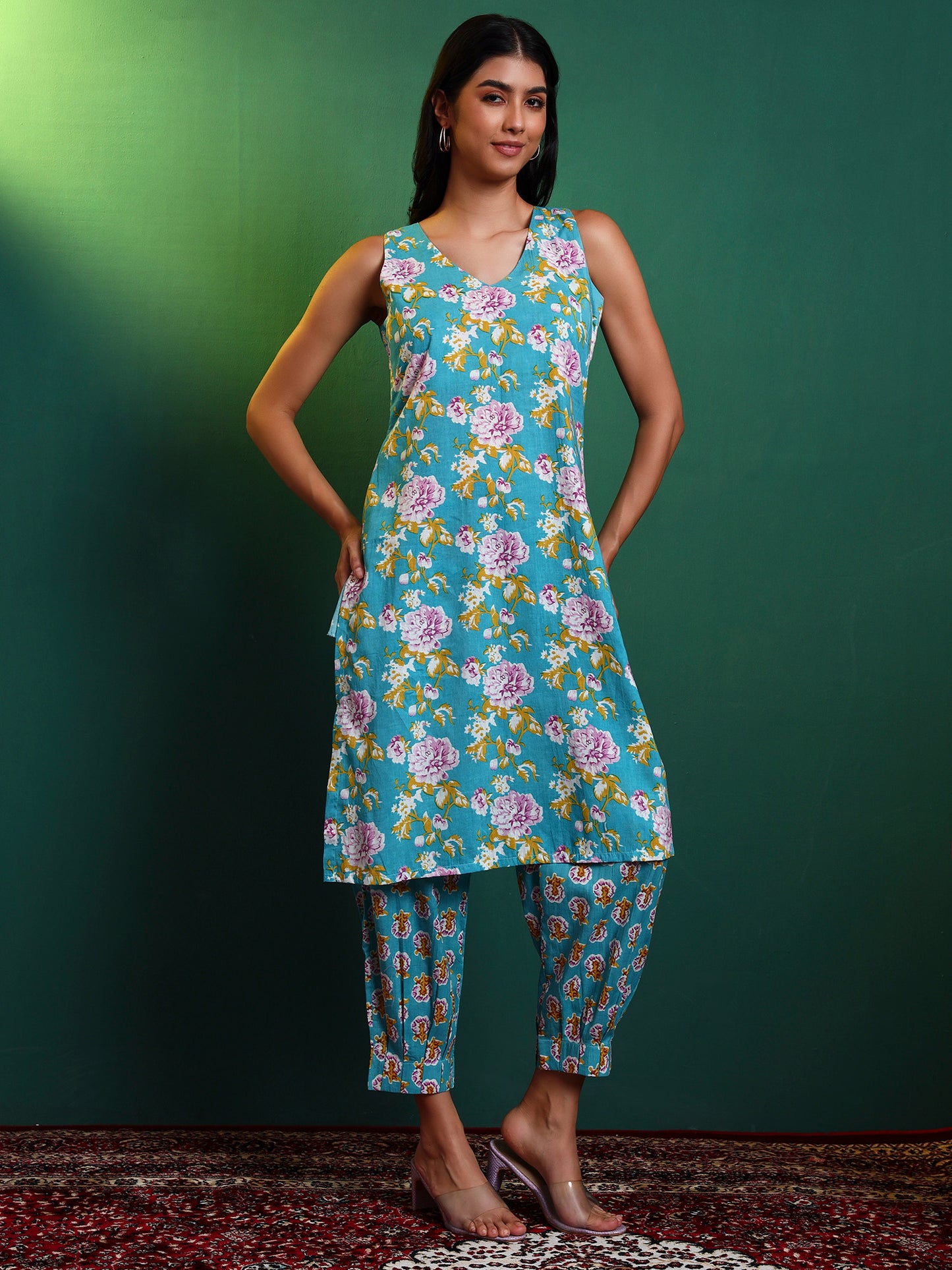 Blue Cotton Printed Kurta with Patiala