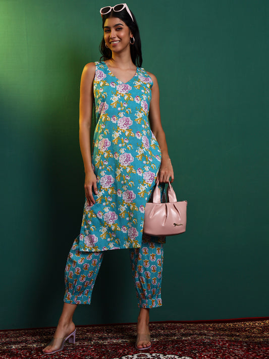 Blue Cotton Printed Kurta with Patiala
