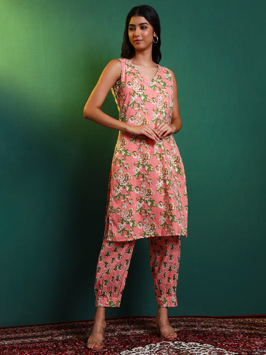 Peach Cotton Printed Kurta with Patiala