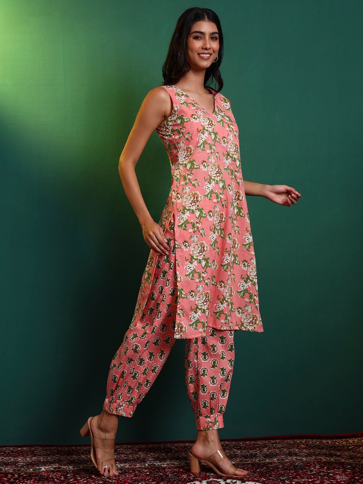 Peach Cotton Printed Kurta with Patiala