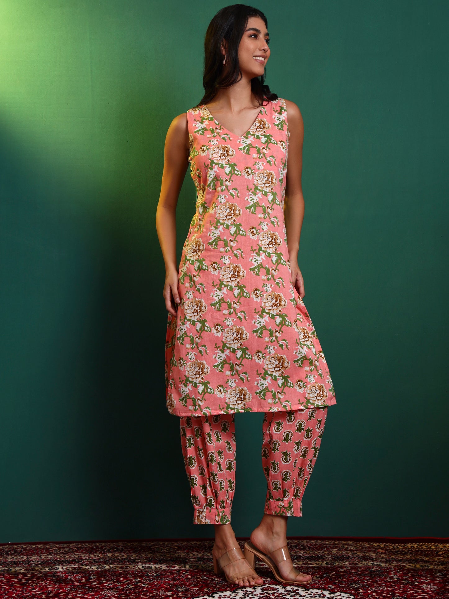 Peach Cotton Printed Kurta with Patiala
