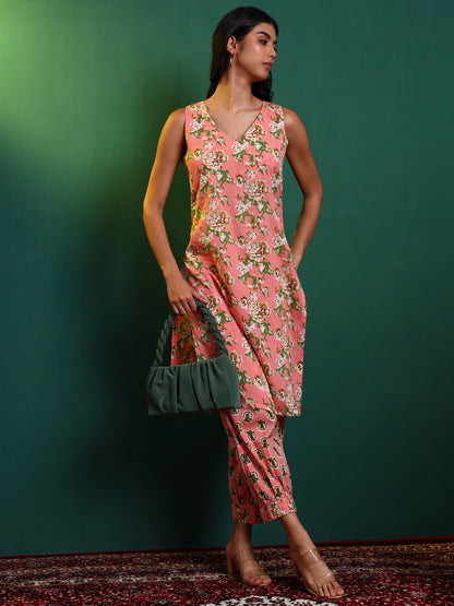 Peach Cotton Printed Kurta with Patiala