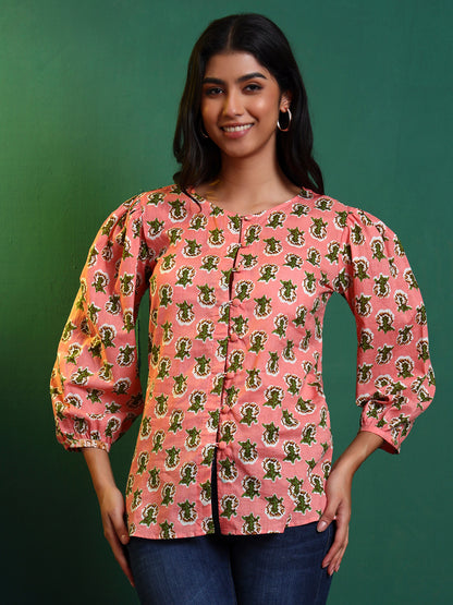 Peach Cotton Printed Puff Sleeve Blouse
