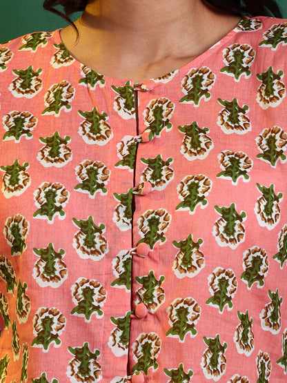 Peach Cotton Printed Puff Sleeve Blouse