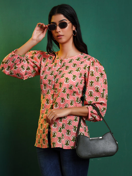 Peach Cotton Printed Puff Sleeve Blouse