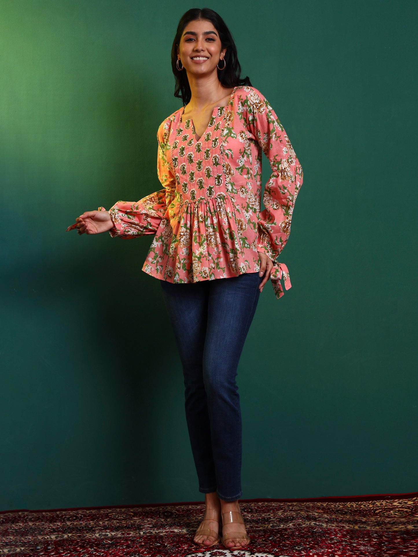 Peach Cotton Printed Contrast Yoke Tunic