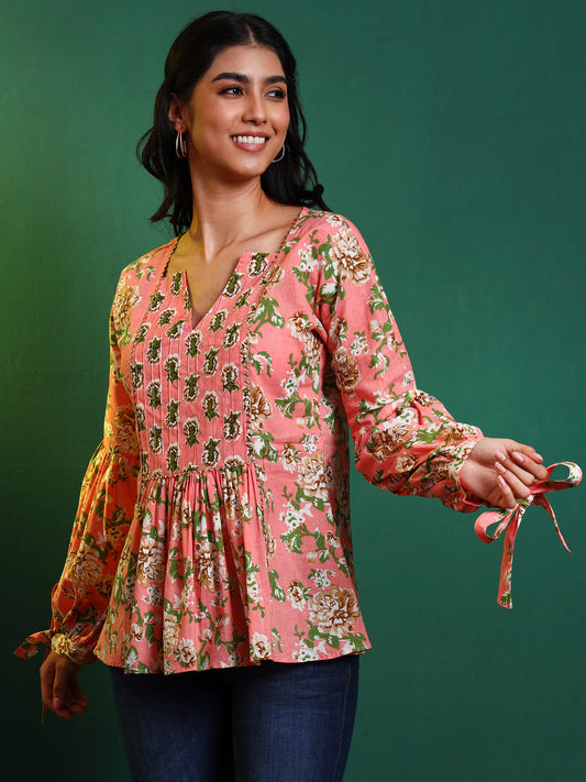 Peach Cotton Printed Contrast Yoke Tunic