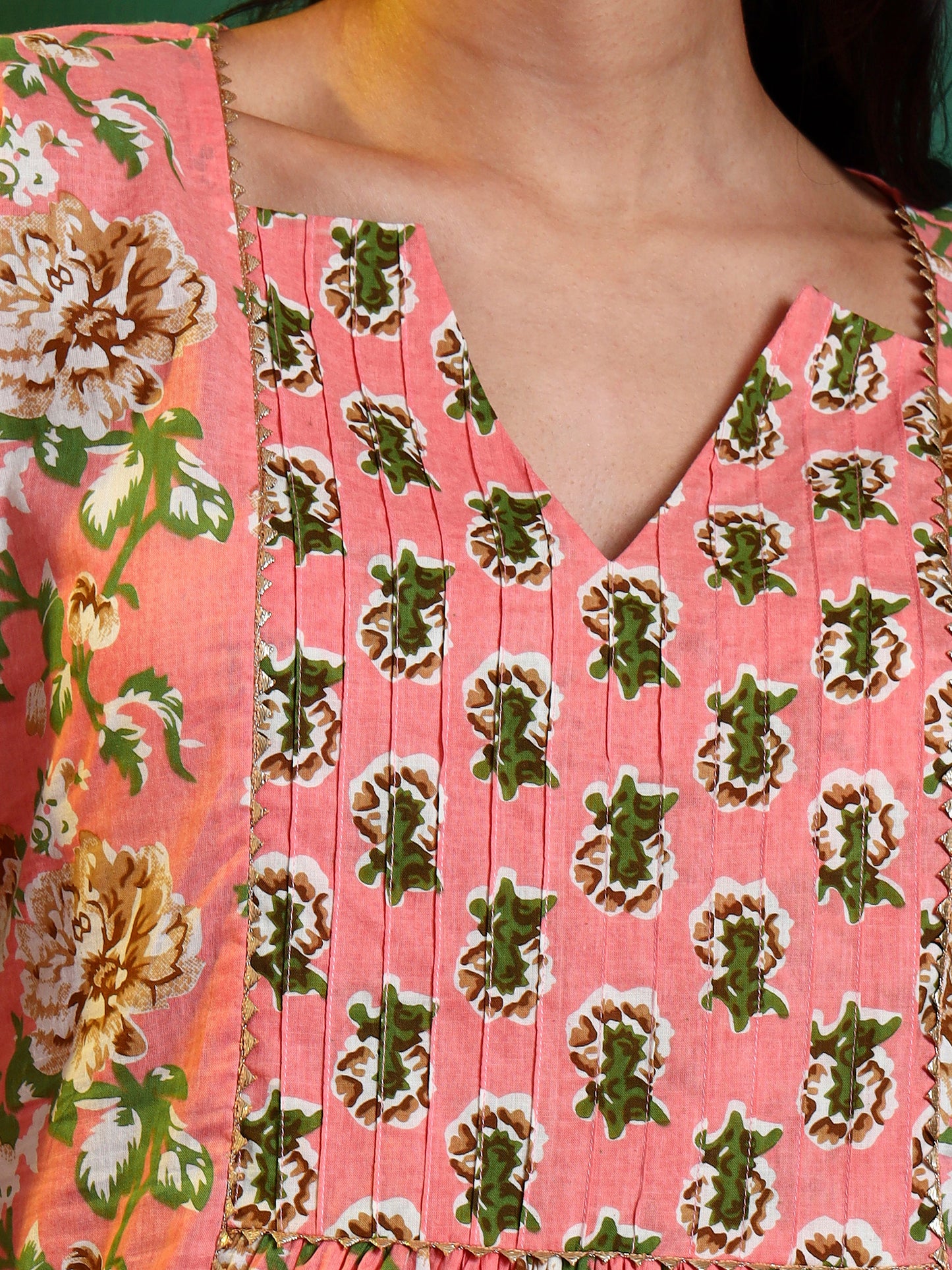 Peach Cotton Printed Contrast Yoke Tunic