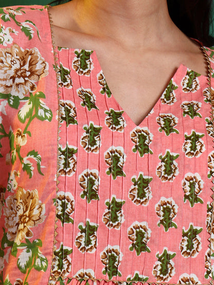 Peach Cotton Printed Contrast Yoke Tunic