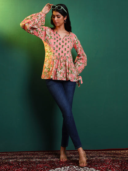 Peach Cotton Printed Contrast Yoke Tunic