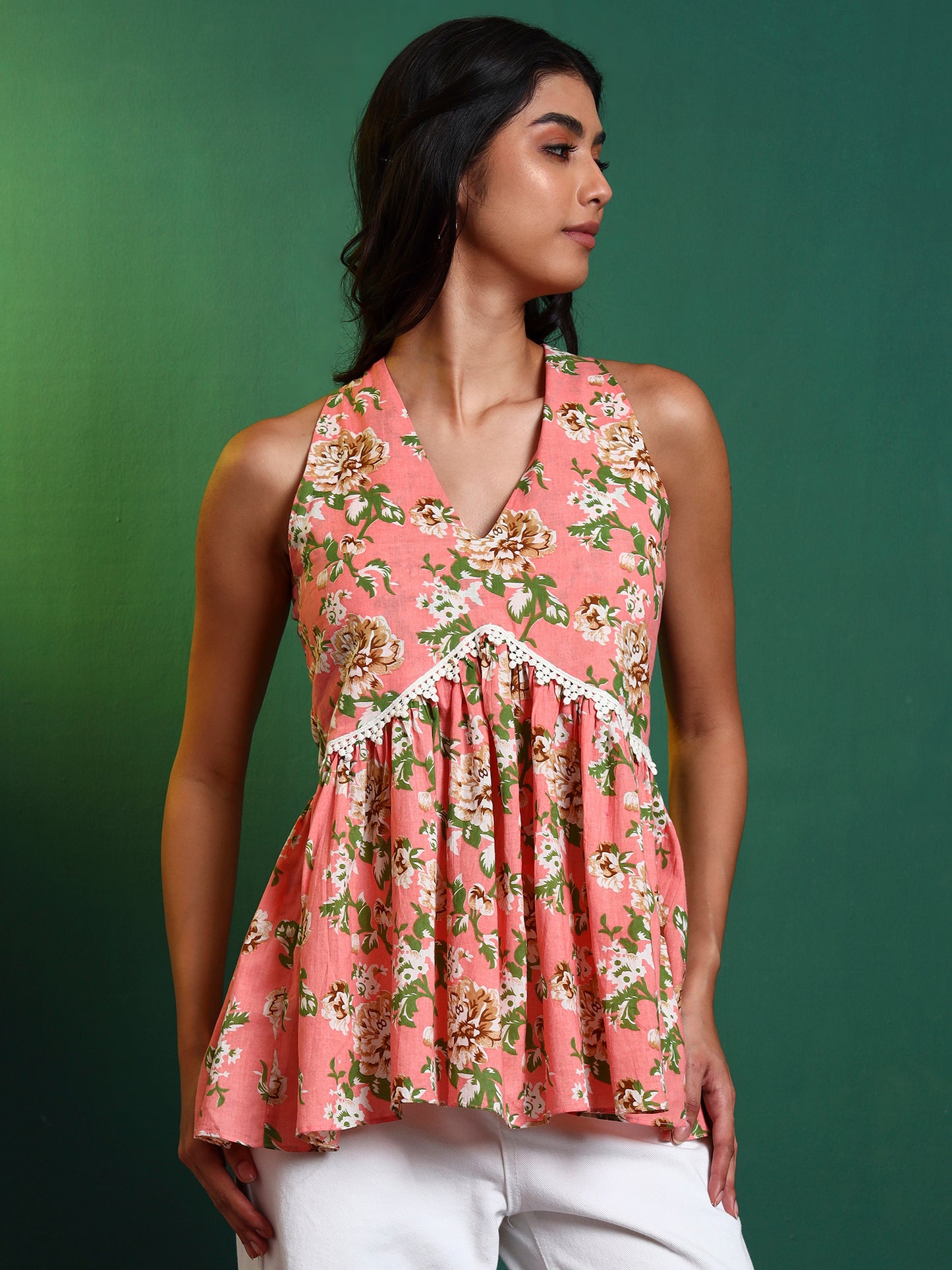 Peach Cotton Printed Halter Neck Tunic