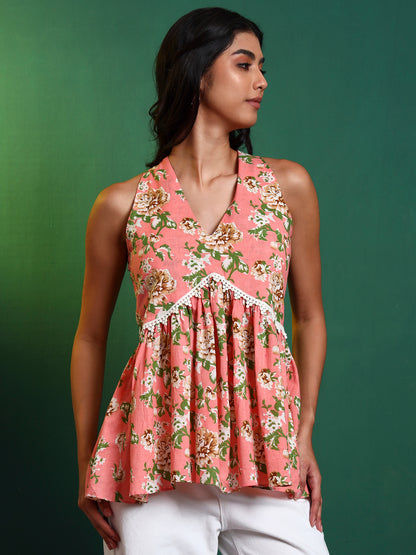 Peach Cotton Printed Halter Neck Tunic