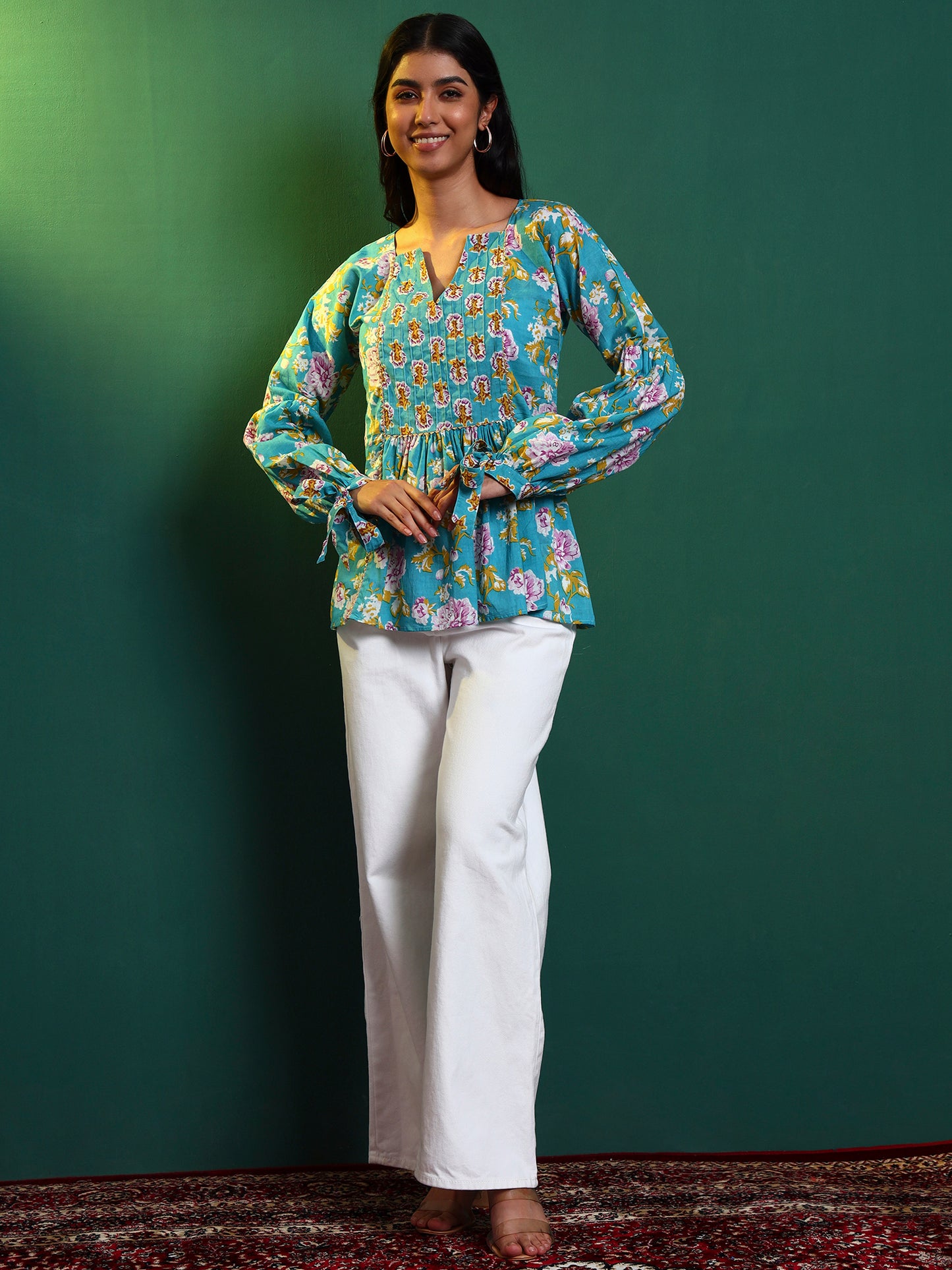 Blue Cotton Printed Contrast Yoke Tunic