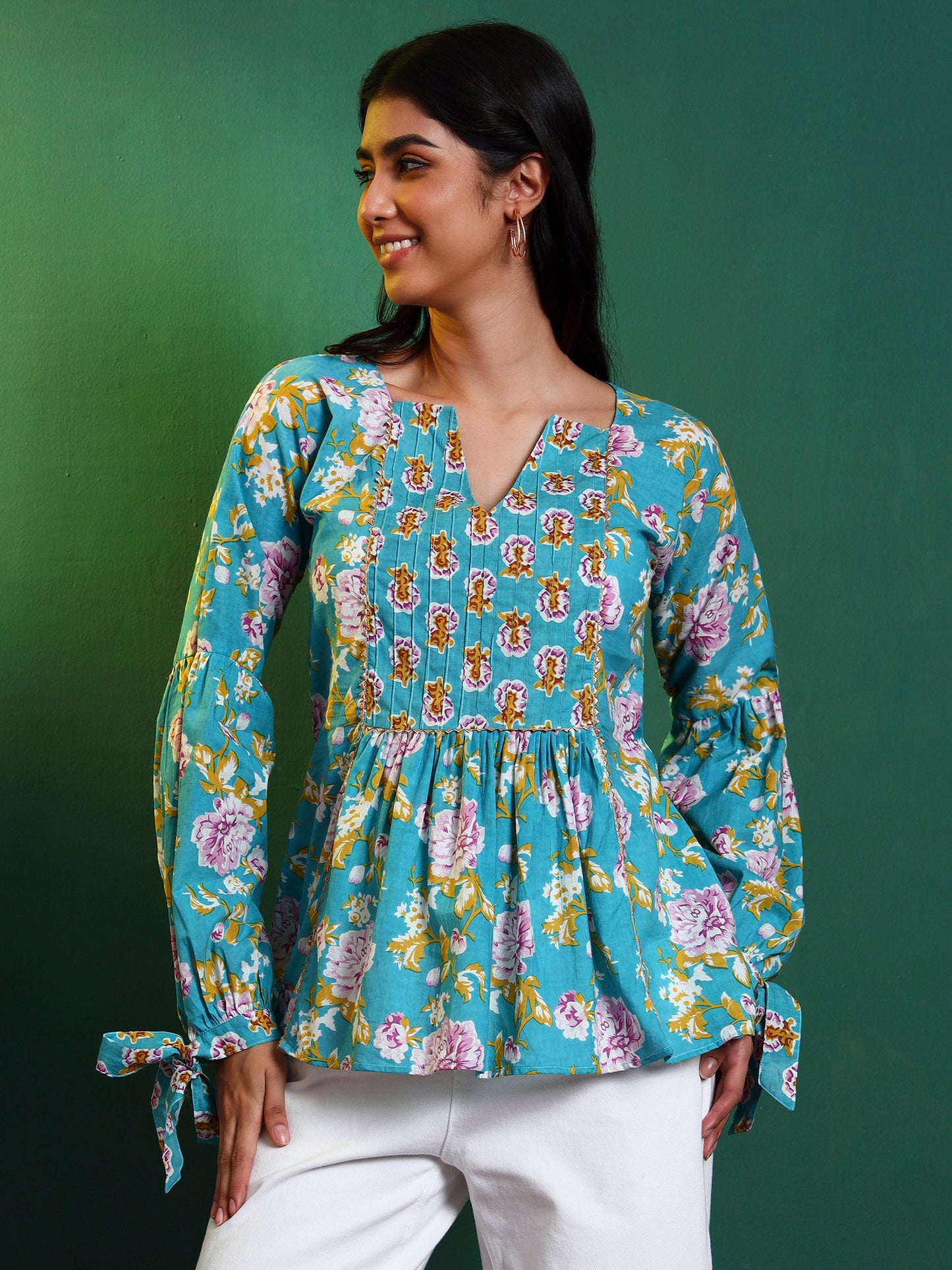 Blue Cotton Printed Contrast Yoke Tunic