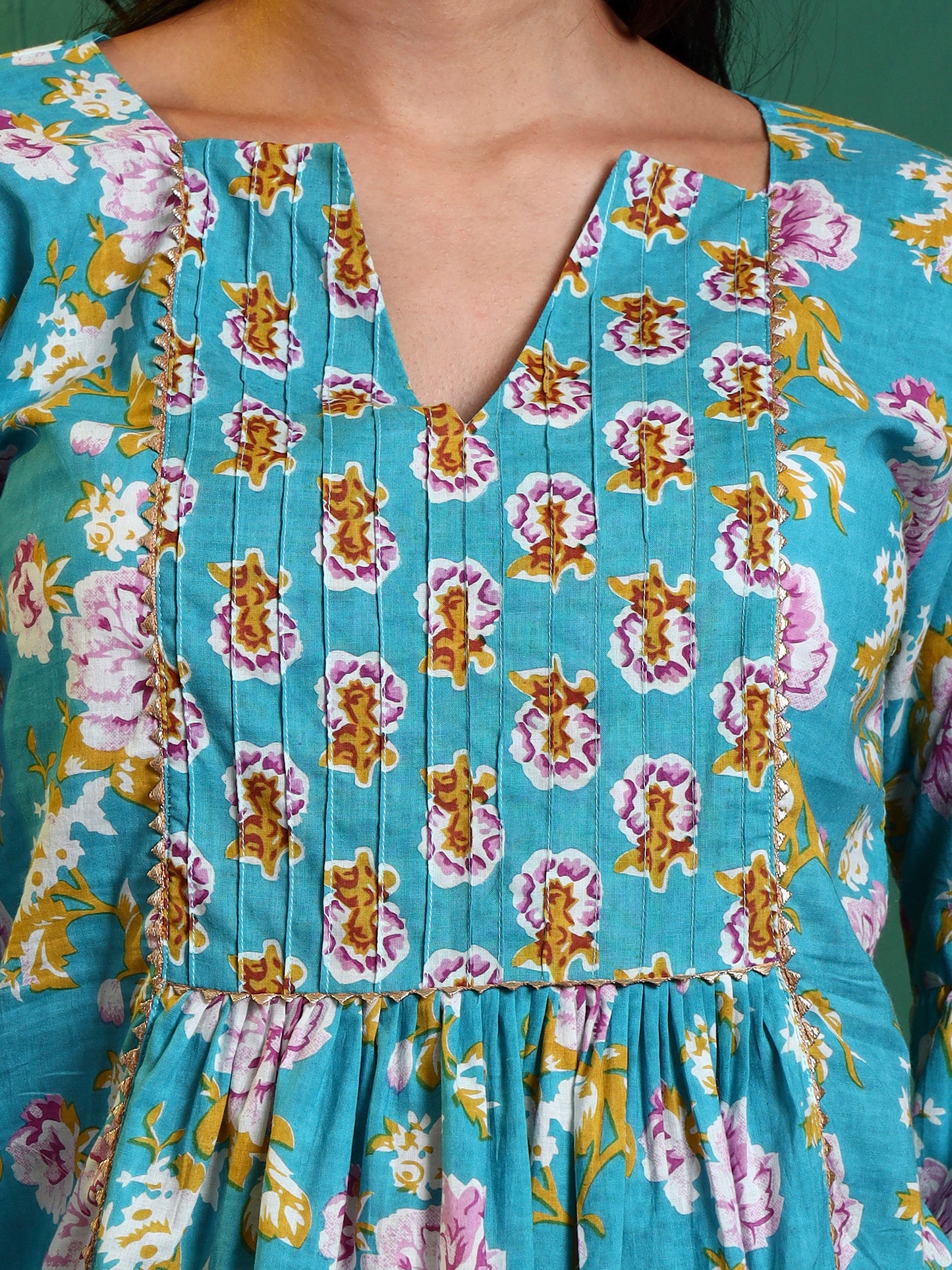 Blue Cotton Printed Contrast Yoke Tunic
