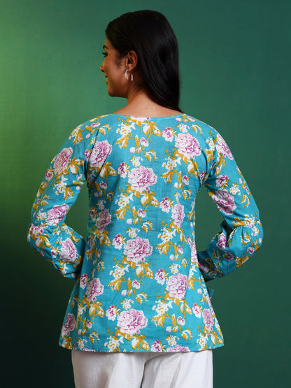 Blue Cotton Printed Contrast Yoke Tunic