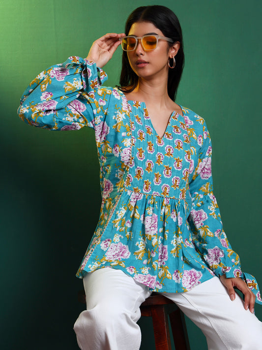 Blue Cotton Printed Contrast Yoke Tunic