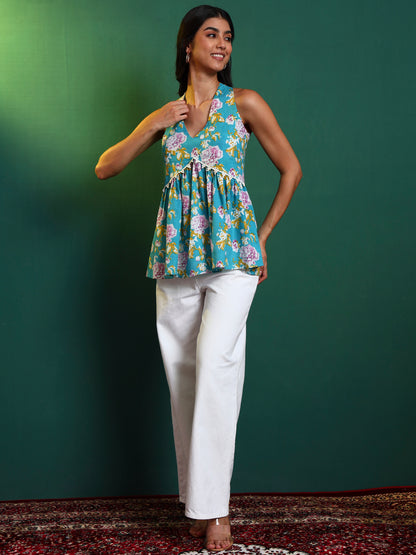 Blue Cotton Printed Halter Neck Tunic