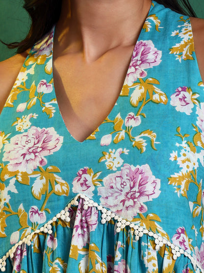Blue Cotton Printed Halter Neck Tunic