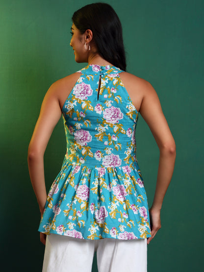 Blue Cotton Printed Halter Neck Tunic