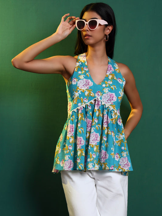 Blue Cotton Printed Halter Neck Tunic