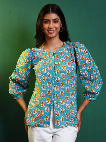 Blue Cotton Printed Puff Sleeve Blouse