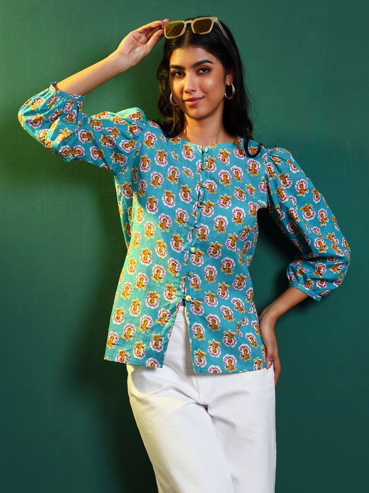 Blue Cotton Printed Puff Sleeve Blouse