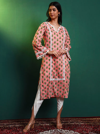 Peach Cotton Laced Kurta and Tulip Pant Set
