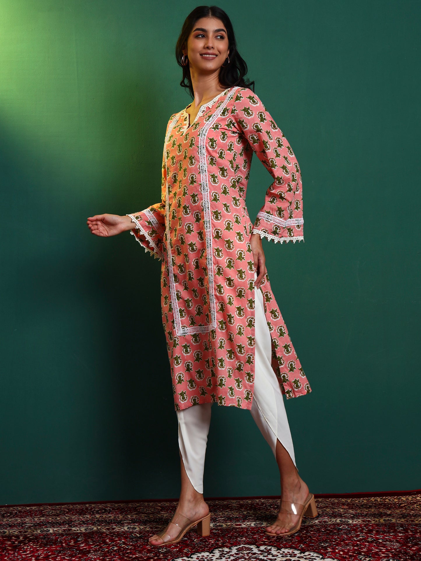 Peach Cotton Laced Kurta and Tulip Pant Set